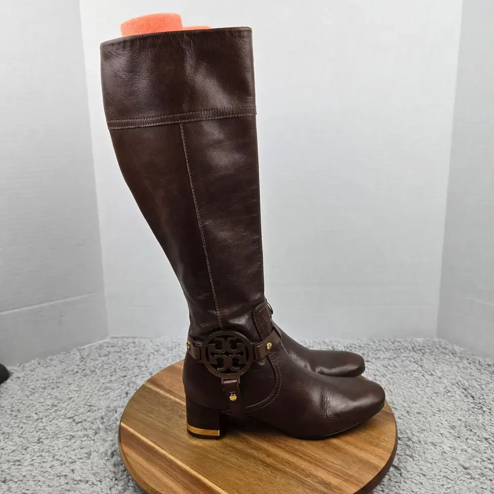 Tory Burch Womens 6.5M Brown Side Logo Gold Hardware Equestrian Riding Boot Heel